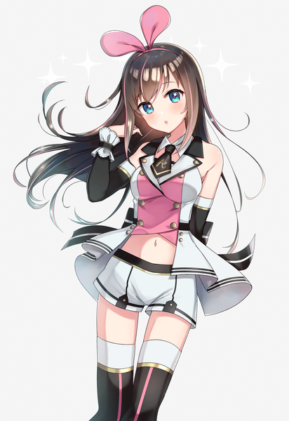 Anime picture 2664x3880 with virtual youtuber a.i. channel kizuna ai neginoki single long hair tall image looking at viewer blush fringe highres open mouth blue eyes simple background brown hair standing bare shoulders payot head tilt multicolored hair