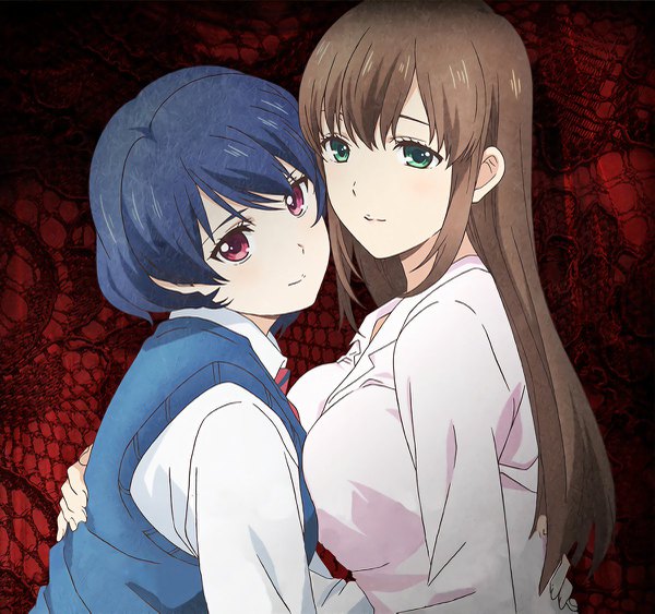 Anime picture 1200x1127 with domestic na kanojo tachibana rui tachibana hina tagme (artist) long hair looking at viewer fringe short hair breasts red eyes brown hair large breasts multiple girls green eyes payot blue hair upper body hug red background siblings
