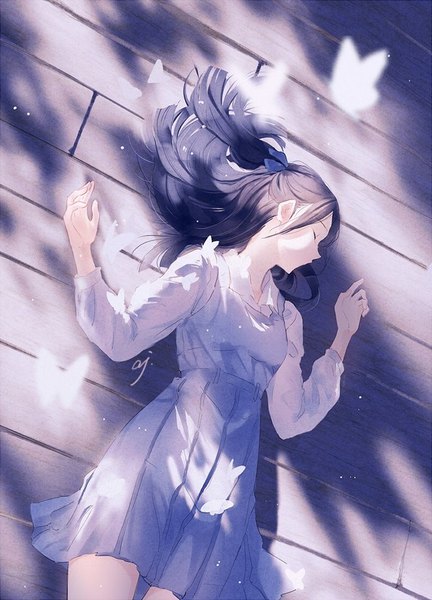 Anime picture 700x971 with original ajimita single long hair tall image signed purple hair lying eyes closed long sleeves head tilt from above blurry on back sleeping floor girl dress ribbon (ribbons) hair ribbon