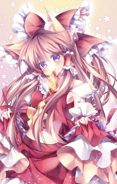 Anime picture 762x1200 with original mikazuki sara single long hair tall image looking at viewer blush brown hair purple eyes bare shoulders holding animal ears tail animal tail mouth hold girl bow hair bow detached sleeves