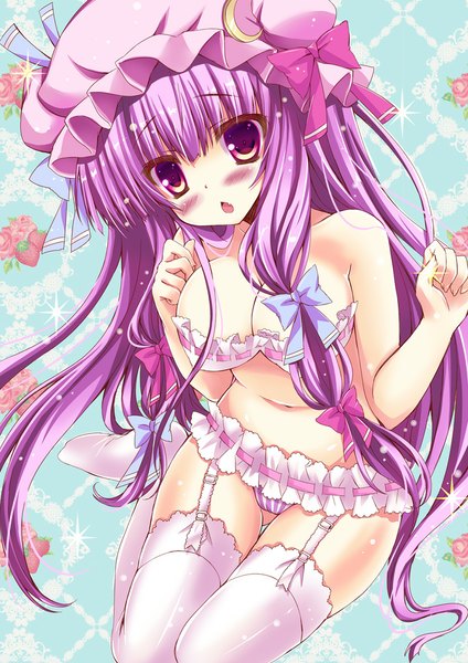 Anime-Bild 729x1032 mit touhou patchouli knowledge honoka (1399871) single long hair tall image blush breasts open mouth light erotic purple eyes purple hair girl thighhighs navel underwear panties bow hair bow white thighhighs