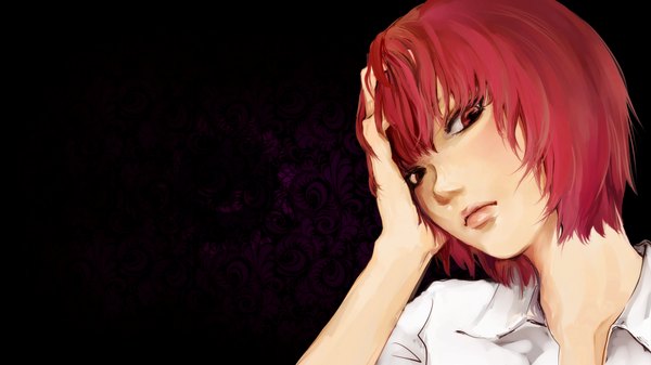Anime picture 1920x1080 with aku no hana zexcs nakamura sawa single looking at viewer highres short hair simple background red eyes wide image red hair head tilt black background close-up girl shirt