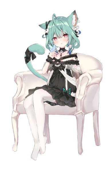 Anime picture 800x1228 with virtual youtuber hololive uruha rushia uruha rushia (3rd costume) moizumi shipon single tall image looking at viewer blush fringe short hair hair between eyes red eyes sitting twintails animal ears full body tail animal tail cat ears