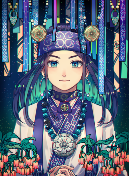 Anime-Bild 1053x1440 mit golden kamuy asirpa araiguma (gomipanda123) single long hair tall image looking at viewer blue eyes black hair upper body traditional clothes multicolored hair two-tone hair colored inner hair ainu clothes girl flower (flowers) earrings hairband necklace