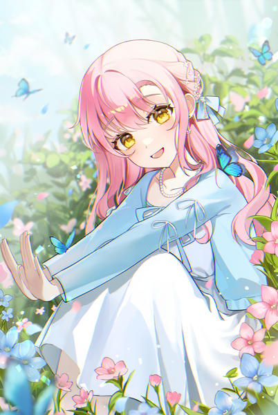 Anime picture 2480x3700 with original youwon0417 single long hair tall image looking at viewer blush fringe highres open mouth smile hair between eyes sitting yellow eyes payot pink hair outdoors braid (braids) long sleeves :d