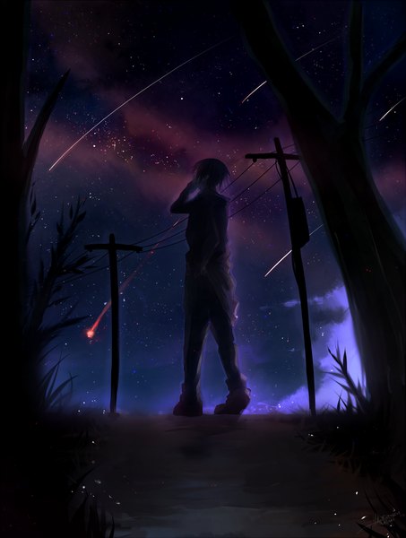 Anime picture 755x1000 with original yurui karameru single tall image standing sky cloud (clouds) outdoors night from below silhouette shooting star plant (plants) tree (trees) boots star (stars) grass
