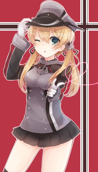 Аниме картинка 680x1190 с флотская коллекция prinz eugen (kantai collection) riruno один (одна) длинные волосы высокое изображение смотрит на зрителя открытый рот голубые глаза светлые волосы два хвостика длинные рукава один глаз закрыт подмигивание указывая на зрителя девушка чулки юбка перчатки форма