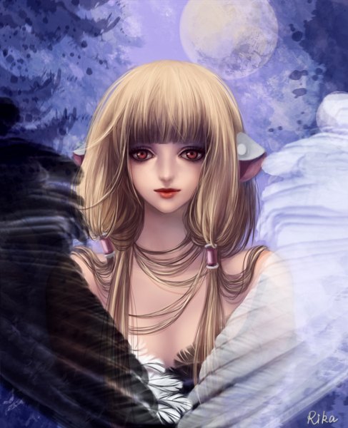 Anime picture 1500x1846 with chobits chii rikamello single long hair tall image blonde hair red eyes light smile realistic close-up black wings white wings girl wings moon full moon