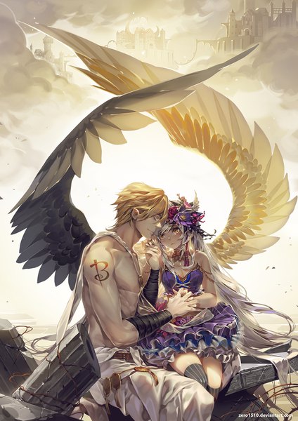 Anime picture 1273x1800 with original akizero1510 tall image blush short hair blonde hair brown eyes signed silver hair cloud (clouds) eyes closed very long hair hair flower pointy ears tattoo couple watermark holding hands ruins floating island