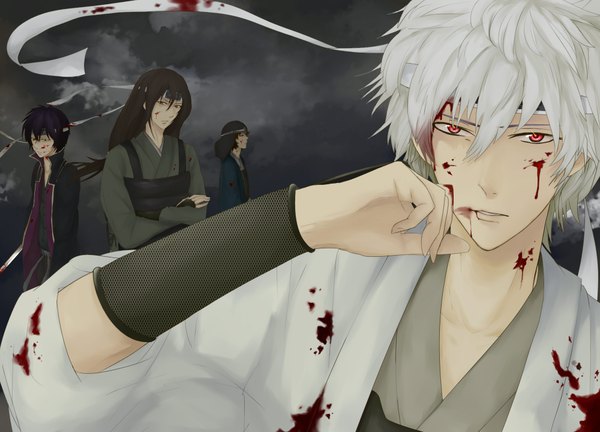 Anime picture 2000x1440 with gintama sunrise (studio) sakata gintoki takasugi shinsuke katsura kotarou shiroyasha sakamoto tatsuma ririco long hair highres short hair blue eyes red eyes brown hair green eyes yellow eyes sky purple hair white hair japanese clothes