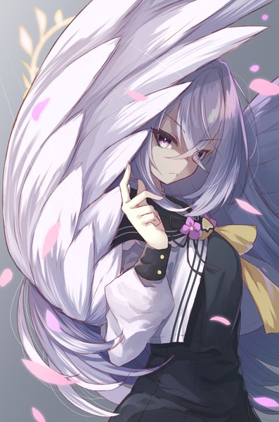 Anime picture 1200x1813 with blue archive azusa (blue archive) miimu (nelreg3) single long hair tall image fringe hair between eyes purple eyes silver hair upper body white wings girl petals wings halo