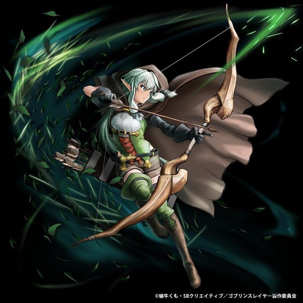 Anime picture 1024x1024 with goblin slayer! high elf archer (goblin slayer!) grand summers single long hair fringe simple background hair between eyes holding green eyes payot looking away full body green hair wind pointy ears black background elf serious girl
