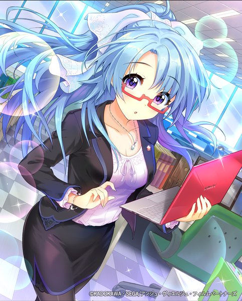 Anime picture 806x1000 with ange vierge sega kadokawa kotobuki aya rassie s single long hair tall image looking at viewer fringe open mouth standing purple eyes holding payot blue hair ponytail indoors open clothes official art