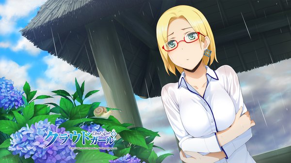 Anime picture 1920x1080 with microsoft claudia madobe wakaba sprout single highres short hair breasts blonde hair wide image aqua eyes official art wallpaper watermark rain breast hold 2011 girl flower (flowers) shirt glasses
