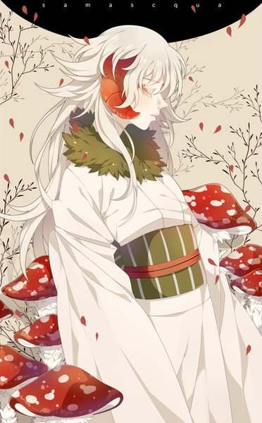 Anime picture 800x1288 with original souike single long hair tall image blush fringe simple background hair between eyes standing white hair eyes closed traditional clothes parted lips japanese clothes profile horn (horns) inscription girl petals