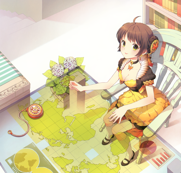 Anime picture 2312x2211 with original butterfly dream (artbook) nardack single looking at viewer highres short hair breasts smile brown hair sitting green eyes payot cleavage ahoge from above scan short sleeves hair bun (hair buns) puffy sleeves