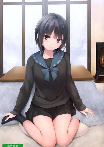 Anime picture 2096x2954 with original melonbooks aoyama sumika coffee-kizoku single tall image looking at viewer blush fringe highres short hair black hair smile sitting signed indoors blunt bangs long sleeves parted lips head tilt