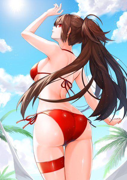 Anime picture 900x1275 with original waka (shark waka) single long hair tall image looking at viewer fringe breasts light erotic hair between eyes red eyes brown hair payot sky cloud (clouds) outdoors ass ponytail parted lips profile