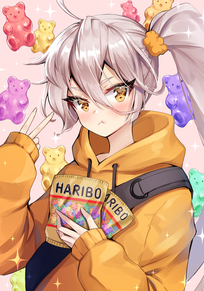 Anime picture 1267x1800 with girls frontline haribo pkp (girls frontline) ango single long hair tall image looking at viewer blush fringe hair between eyes holding yellow eyes payot silver hair upper body ahoge long sleeves arm up sparkle