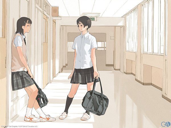 Anime picture 1024x768 with original gagraphic kamo (gafas) short hair black hair standing multiple girls full body indoors plaid skirt girl skirt uniform 2 girls school uniform socks shoes black socks white socks bobby pin