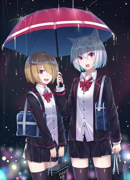Anime picture 900x1250 with warship girls r bismarck (warship girls r) graf spee (warship girls r) echj tall image looking at viewer fringe short hair open mouth blonde hair smile hair between eyes red eyes standing multiple girls holding silver hair pleated skirt hair over one eye zettai ryouiki