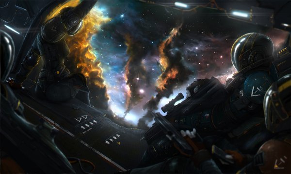 Anime picture 1396x838 with original alanwind (artist) wide image sky smoke group space battle girl gloves uniform weapon armor star (stars) military uniform helmet spacesuit