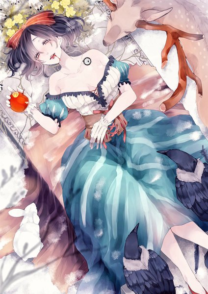 Anime picture 1448x2048 with snow white and the seven dwarfs snow white zabeo0125 single tall image looking at viewer fringe short hair breasts open mouth light erotic black hair hair between eyes bare shoulders holding lying from above off shoulder on back puffy sleeves