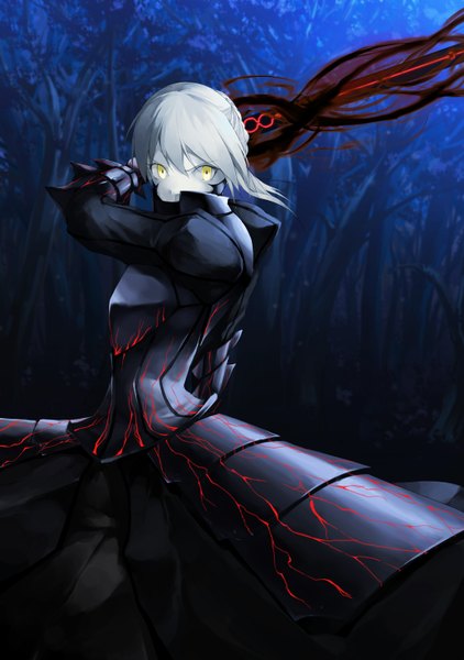 Anime picture 1040x1477 with fate (series) fate/extra type-moon artoria pendragon (all) saber saber alter solru (tyappygain) single tall image short hair yellow eyes silver hair glowing girl weapon plant (plants) sword tree (trees) armor forest