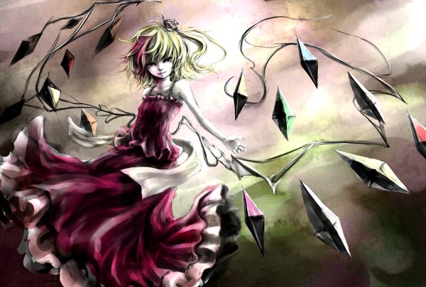 Anime picture 2000x1352 with touhou flandre scarlet marimo ouji (artist) single looking at viewer fringe highres short hair blonde hair purple eyes pink hair multicolored hair hair flower light smile two-tone hair streaked hair girl dress hair ornament flower (flowers)