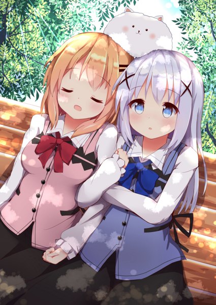 Anime picture 724x1023 with gochuumon wa usagi desu ka? white fox kafuu chino hoto cocoa akiori koromo long hair tall image looking at viewer blush fringe short hair breasts open mouth blue eyes blonde hair sitting multiple girls payot sky purple hair