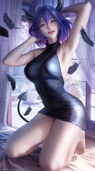 Anime picture 3900x7000 with kinsou no vermeil vermeil (kinsou no vermeil) wickellia single tall image looking at viewer fringe highres short hair breasts light erotic hair between eyes large breasts signed absurdres purple hair full body indoors tail parted lips