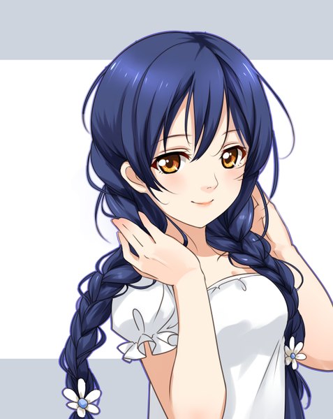 Anime picture 2480x3120 with love live! school idol project sunrise (studio) love live! sonoda umi clouble single long hair tall image looking at viewer blush fringe highres smile hair between eyes yellow eyes upper body braid (braids) hair flower short sleeves puffy sleeves