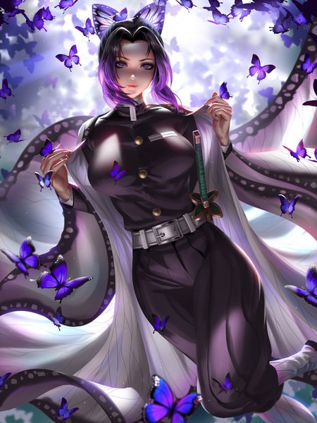 Anime picture 3000x4000 with kimetsu no yaiba ufotable kochou shinobu liang xing single tall image looking at viewer highres short hair breasts black hair smile standing purple eyes purple hair bent knee (knees) traditional clothes japanese clothes multicolored hair lips