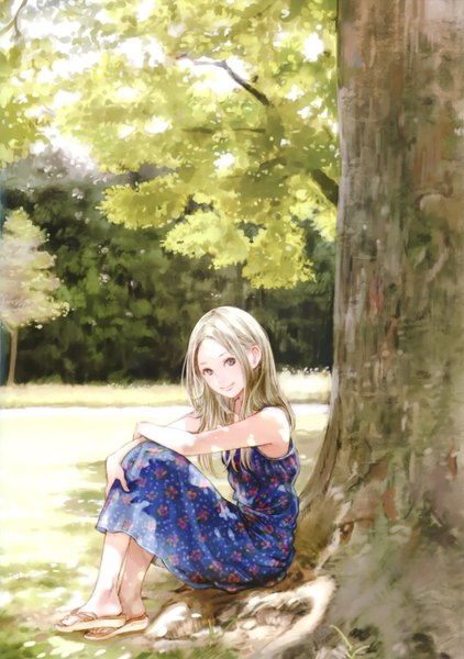 Anime picture 2451x3488 with original kishida mel long hair tall image highres blue eyes blonde hair smile sitting summer girl plant (plants) tree (trees) sundress