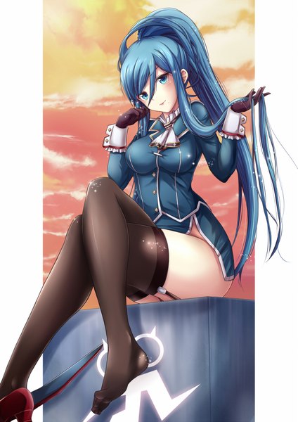 Anime picture 1413x2000 with kantai collection aoki hagane no arpeggio takao heavy cruiser takao (aoki hagane no arpeggio) taka-kun single long hair tall image looking at viewer blush fringe breasts blue eyes light erotic smile hair between eyes sitting blue hair sky cloud (clouds)