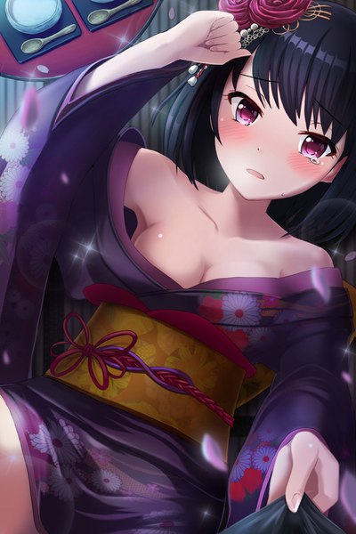 Anime picture 1000x1500 with alternative girls onitsuka chiho samayouratai single tall image looking at viewer blush short hair breasts open mouth light erotic black hair traditional clothes japanese clothes pink eyes off shoulder sparkle girl petals kimono