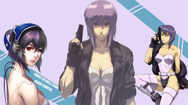 Anime picture 1920x1080 with ghost in the shell production i.g kusanagi motoko lieqi hun kedamono mizudori highres short hair light erotic red eyes wide image purple hair inscription multiple persona girl thighhighs weapon jacket headphones gun wire (wires)