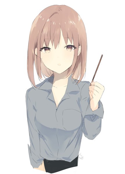 Anime picture 650x906 with original lpip single tall image looking at viewer fringe short hair breasts simple background hair between eyes brown hair white background holding brown eyes signed upper body long sleeves parted lips :o dated