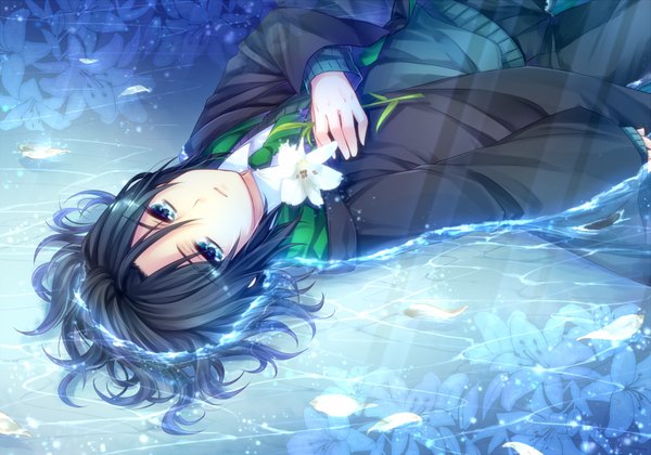 Anime picture 850x595 with harry potter sirius black yuuna minato single short hair blue eyes black hair lying alternate age younger ophelia's pose boy uniform flower (flowers) school uniform petals water