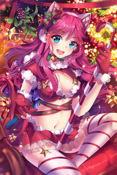 Anime picture 833x1250 with original squchan single long hair tall image looking at viewer breasts open mouth blue eyes light erotic animal ears pink hair cleavage :d fake animal ears girl thighhighs gloves navel food