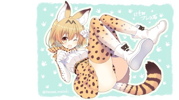 Anime picture 1920x1080 with kemono friends serval (kemono friends) inuzumi masaki single blush fringe highres short hair open mouth light erotic simple background blonde hair hair between eyes wide image white background bare shoulders brown eyes signed animal ears full body