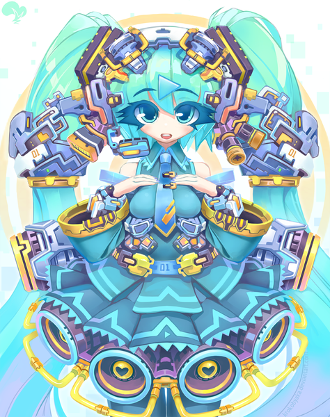 イラスト 949x1200 と ボーカロイド 初音ミク krokobyaka ソロ 長身像 カメラ目線 前髪 開いた口 笑顔 hair between eyes ツインテール signed very long hair aqua eyes aqua hair mechanical 女の子 袖だけ ネクタイ ヘッドフォン