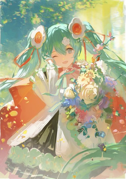 Anime picture 1053x1490 with vocaloid magical mirai (vocaloid) hatsune miku magical mirai miku magical mirai miku (2021) wnmuwnmu single tall image looking at viewer fringe open mouth hair between eyes twintails signed very long hair one eye closed aqua eyes aqua hair twitter username tears