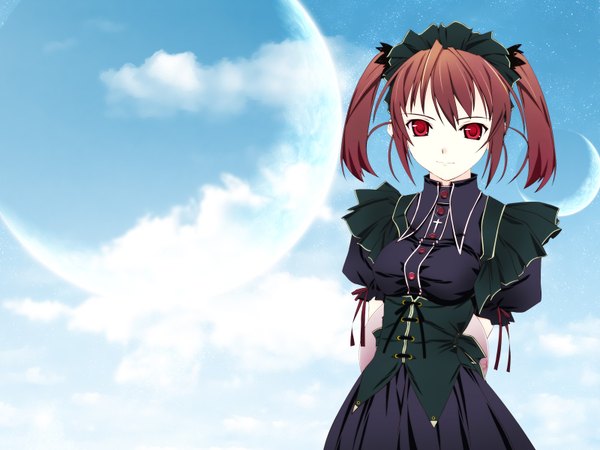 Anime picture 1600x1200 with murakami suigun single looking at viewer fringe short hair red eyes brown hair twintails payot sky cloud (clouds) light smile sunlight hands behind back frown girl dress headdress black dress cross
