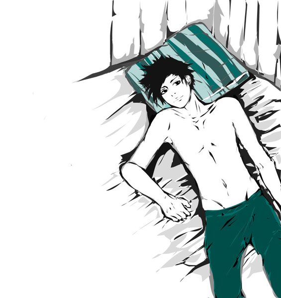 Anime picture 800x850 with original sota single tall image looking at viewer short hair black hair simple background smile white background lying lips on back monochrome eyebrows shirtless boy pillow bed wall