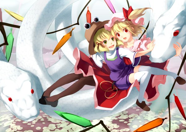 Anime picture 1200x852 with touhou flandre scarlet moriya suwako mishaguji yoshino ryou short hair open mouth blonde hair red eyes multiple girls green eyes one side up girl thighhighs dress 2 girls hat white thighhighs wings snake