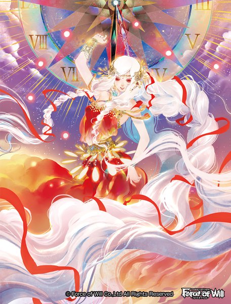 Anime picture 761x1000 with force of will skuld (force of will) sanrindou single tall image looking at viewer breasts red eyes standing bare shoulders sky cleavage cloud (clouds) white hair braid (braids) very long hair parted lips arm up official art sparkle