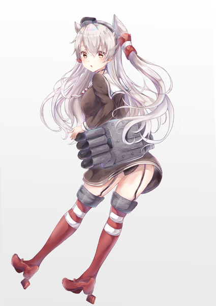 Anime picture 2508x3541 with kantai collection amatsukaze destroyer sa-ya2 single long hair tall image fringe highres light erotic simple background hair between eyes red eyes silver hair full body two side up gradient background girl thighhighs uniform underwear
