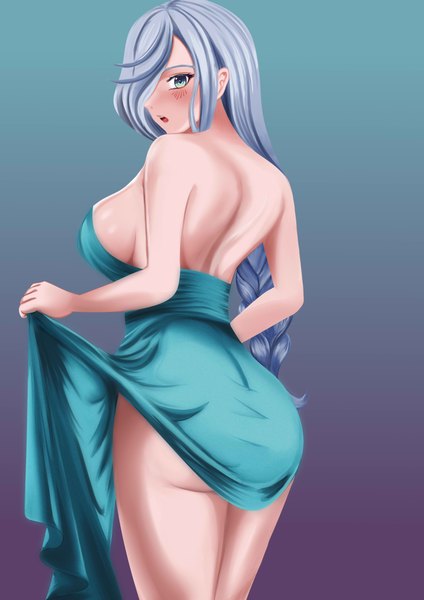Anime picture 3508x4961 with genshin impact shenhe (genshin impact) ronikx art single long hair tall image looking at viewer blush fringe highres breasts open mouth blue eyes light erotic simple background large breasts standing bare shoulders absurdres silver hair