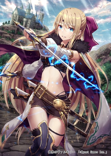 Anime picture 643x900 with shinkai no valkyrie gabiran single tall image looking at viewer blush fringe blue eyes blonde hair hair between eyes standing holding payot sky cloud (clouds) outdoors very long hair parted lips light smile sunlight
